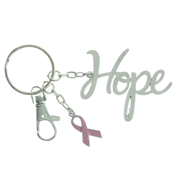 Breast Cancer Awareness Hope Ribbon Split-Ring-Keychain With Drop Accents Silver-Tone & Pink Colored #198