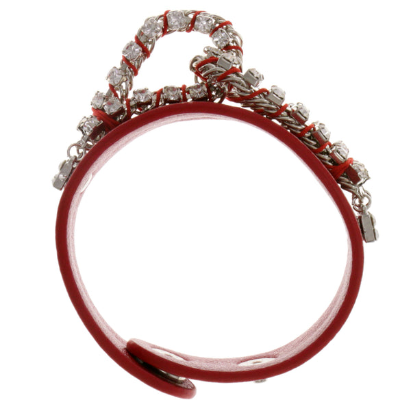 Red & Silver-Tone Colored Fabric Strap-Bracelet With Crystal Accents #2412