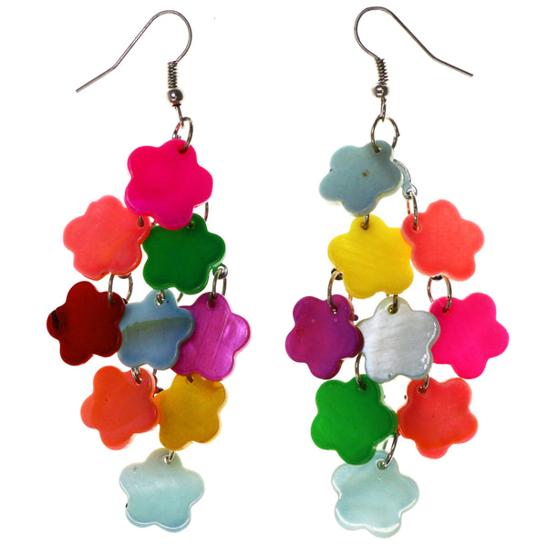 Colorful Flower Chandelier-Earrings Bead Accents Colorful & Silver-Tone