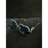 Bebe Women’s Heart-Shaped Sunglasses – Silver Tone with Rhinestone Trim and Blue Lenses – 100% UV Protection (NWT)