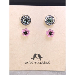 CHLOE + ISABEL crystal halo stud earrings & pink flower stud set - E040