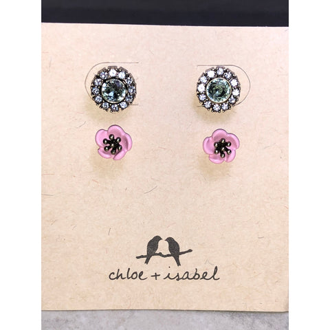 CHLOE + ISABEL crystal halo stud earrings & pink flower stud set - E040