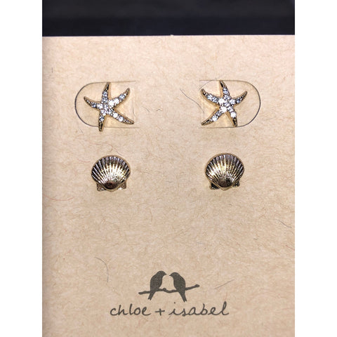 CHLOE + ISABEL coastal starfish n shell stud earring set - E030