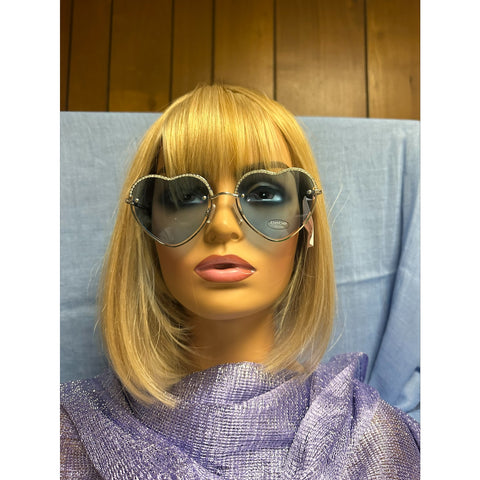 Bebe Women’s Heart-Shaped Sunglasses – Silver Tone with Rhinestone Trim and Blue Lenses – 100% UV Protection (NWT)