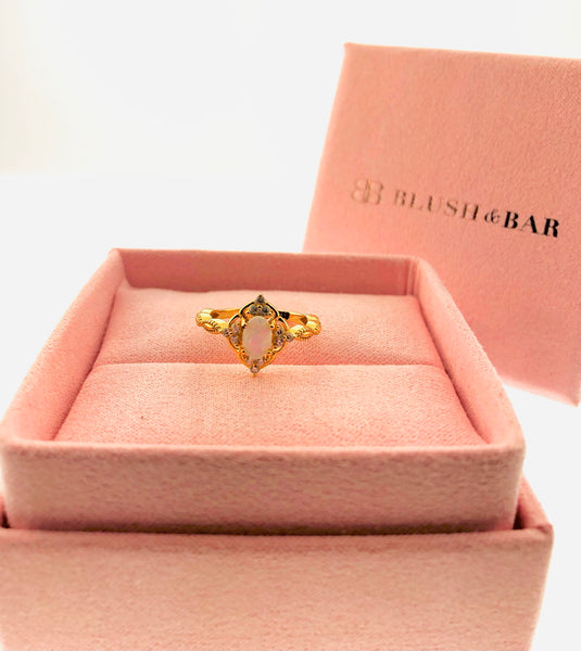 Blue Opal Blush & Bar Sterling Silver Ring - Gold