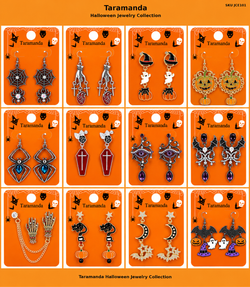 Wholesale Halloween earring assortment JCE101 with 12 different spider, pumpkin, ghost, witch, bat, black cat, skeleton and coffin earring styles by Taramanda