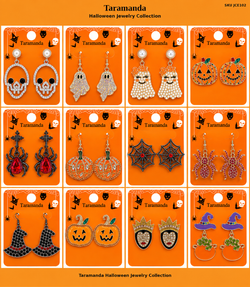 Wholesale Halloween earring assortment JCE102 with 12 different skull, ghost, pumpkin, spider, spider web, witch hat and cauldron earring styles by Taramanda