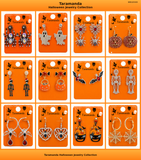 Wholesale Halloween earring assortment JCE103 with 12 different spider, ghost, spider web, pumpkin, skeleton, bat and candy corn earring styles by Taramanda