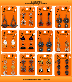 Wholesale Halloween earring assortment JCE104 with 12 different bat, spider, spider web, ghost, pumpkin, witch hat and skull earring styles by Taramanda