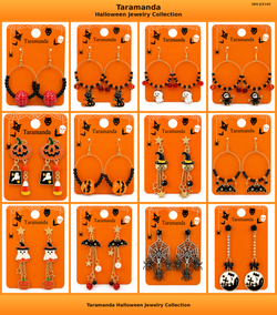 Wholesale Halloween earring assortment JCE105 with 12 different witch, black cat, ghost, pumpkin, bat, spider web and candy corn earring styles by Taramanda