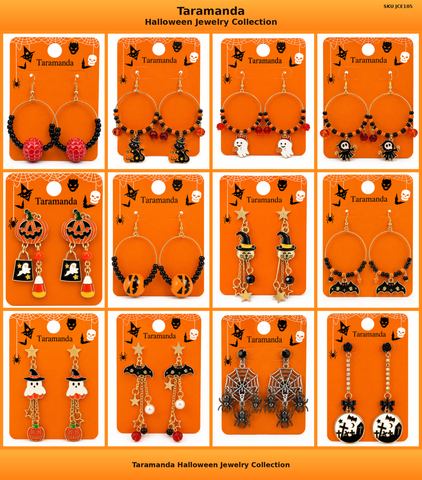 Wholesale Halloween earring assortment JCE105 with 12 different witch, black cat, ghost, pumpkin, bat, spider web and candy corn earring styles by Taramanda