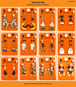Wholesale Halloween earring assortment JCE106 with 12 different mummy, bat, ghost, pumpkin, witch, black cat and skeleton earring styles by Taramanda