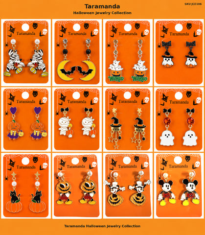 Wholesale Halloween earring assortment JCE106 with 12 different mummy, bat, ghost, pumpkin, witch, black cat and skeleton earring styles by Taramanda