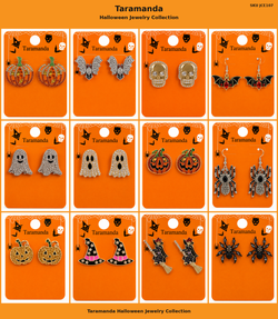 Wholesale Halloween earring assortment JCE107 with 12 different pumpkin, bat, ghost, skull, spider, witch and witch hat earring styles by Taramanda