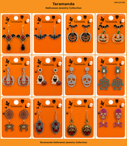 Wholesale Halloween earring assortment JCE108 with 12 different bat, pumpkin, ghost, skull, spider web, spider and vampire earring styles by Taramanda