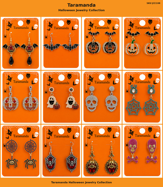 Wholesale Halloween earring assortment JCE108 with 12 different bat, pumpkin, ghost, skull, spider web, spider and vampire earring styles by Taramanda