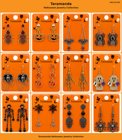 Wholesale Halloween earring assortment JCE109 with 12 different spider, pumpkin, bat, skull, skeleton, ghost and spider web earring styles by Taramanda