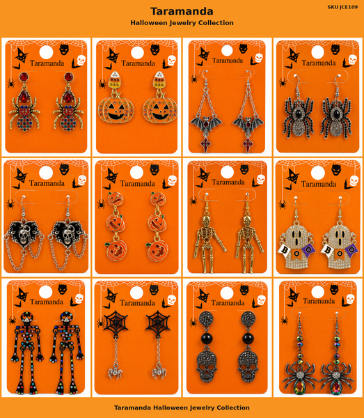 Wholesale Halloween earring assortment JCE109 with 12 different spider, pumpkin, bat, skull, skeleton, ghost and spider web earring styles by Taramanda