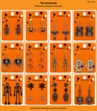Wholesale Halloween earring assortment JCE109 with 12 different spider, pumpkin, bat, skull, skeleton, ghost and spider web earring styles by Taramanda