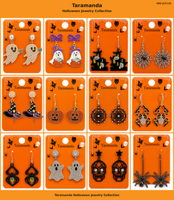 Wholesale Halloween earring assortment JCE110 with 12 different ghost, haunted house, witch, spider web, pumpkin, spider and skull earring styles by Taramanda