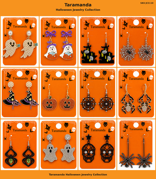 Wholesale Halloween earring assortment JCE110 with 12 different ghost, haunted house, witch, spider web, pumpkin, spider and skull earring styles by Taramanda
