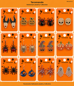 Wholesale Halloween earring assortment JCE111 with 12 different pumpkin, spider, skull, witch, bat, moon and ghost earring styles by Taramanda