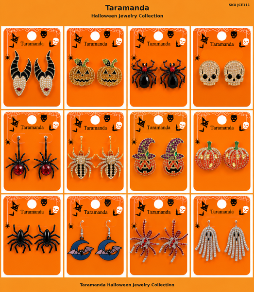 Wholesale Halloween earring assortment JCE111 with 12 different pumpkin, spider, skull, witch, bat, moon and ghost earring styles by Taramanda