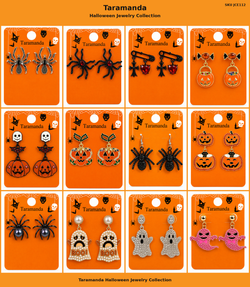 Wholesale Halloween earring assortment JCE112 with 12 different spider, pumpkin, ghost, skull and bat earring styles by Taramanda