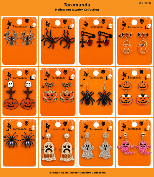 Wholesale Halloween earring assortment JCE112 with 12 different spider, pumpkin, ghost, skull and bat earring styles by Taramanda