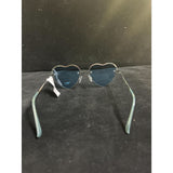 Bebe Women’s Heart-Shaped Sunglasses – Silver Tone with Rhinestone Trim and Blue Lenses – 100% UV Protection (NWT)