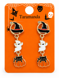 A pair of Halloween-themed dangle earrings on an orange display card. Each earring features a gold-tone witch hat with a black brim, a white ghost charm, and a black cat on a pumpkin.