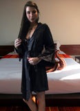 Kimono Style Black Robe with Peach Lace Sleeves