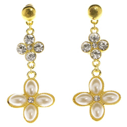 Gold-Tone & White Colored Metal Dangle-Earrings With Crystal Accents #3987