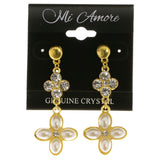 Gold-Tone & White Colored Metal Dangle-Earrings With Crystal Accents #3987