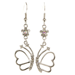 Flower Butterfly Dangle-Earrings  With Crystal Accents Silver-Tone Color #3985