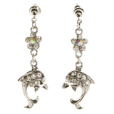 Dolphins Flower Dangle-Earrings With Crystal Accents Silver-Tone & Multi Colored #3986