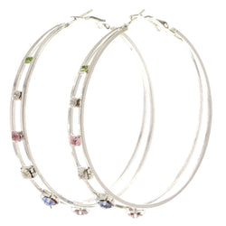 Silver-Tone & Multi Colored Metal Hoop-Earrings With Crystal Accents #4020