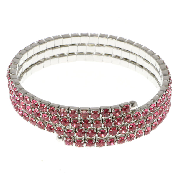 Pink & Silver-Tone Colored Metal Rhinestone-Coil-Bracelet With Crystal Accents #4331