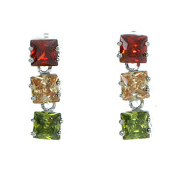 Three Squares Dangle-Earrings With Crystal Accents Silver-Tone & Multi Colored #2921