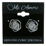 Cabbage Rose Stud-Earrings With Crystal Accents  Silver-Tone Color #2782