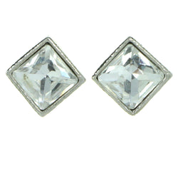 Square Shaped Stud-Earrings With Crystal Accents  Silver-Tone Color #2785