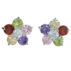 Flower Stud-Earrings With Crystal Accents Silver-Tone & Multi Colored #2786