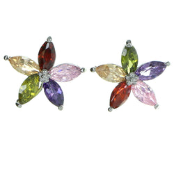 Flower Stud-Earrings With Crystal Accents Silver-Tone & Multi Colored #2794