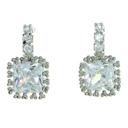 Square Shaped Stud-Earrings With Crystal Accents  Silver-Tone Color #2849