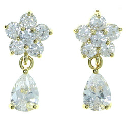 Flower Tear Drop Shaped Drop-Dangle-Earrings  With Crystal Accents Gold-Tone Color #2858