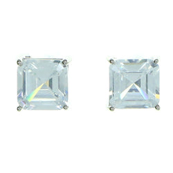 Square Shaped Stud-Earrings With Crystal Accents  Silver-Tone Color #2863