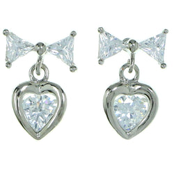 Bow Heart Drop-Dangle-Earrings  With Crystal Accents Silver-Tone Color #2877