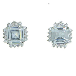 Square Shaped Stud-Earrings With Crystal Accents  Silver-Tone Color #2900