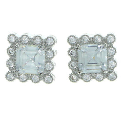 Square Shaped Stud-Earrings With Crystal Accents  Silver-Tone Color #2902
