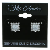 Square Shaped Stud-Earrings With Crystal Accents  Silver-Tone Color #2902